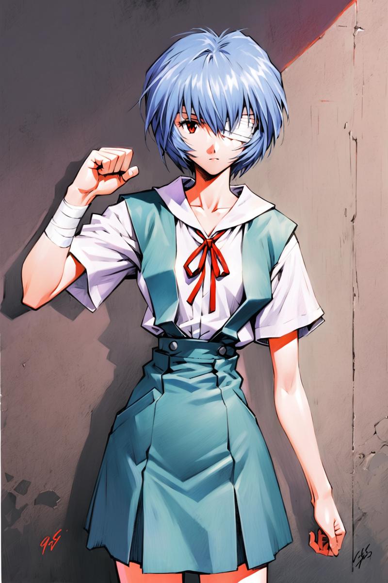 35187-373743153-Sadamoto Yoshiyuki Style,_1girl,ayanami rei,short hair,blue hair,bandages,school uniform,solo,bandage over one eye,red eyes,ribb.png